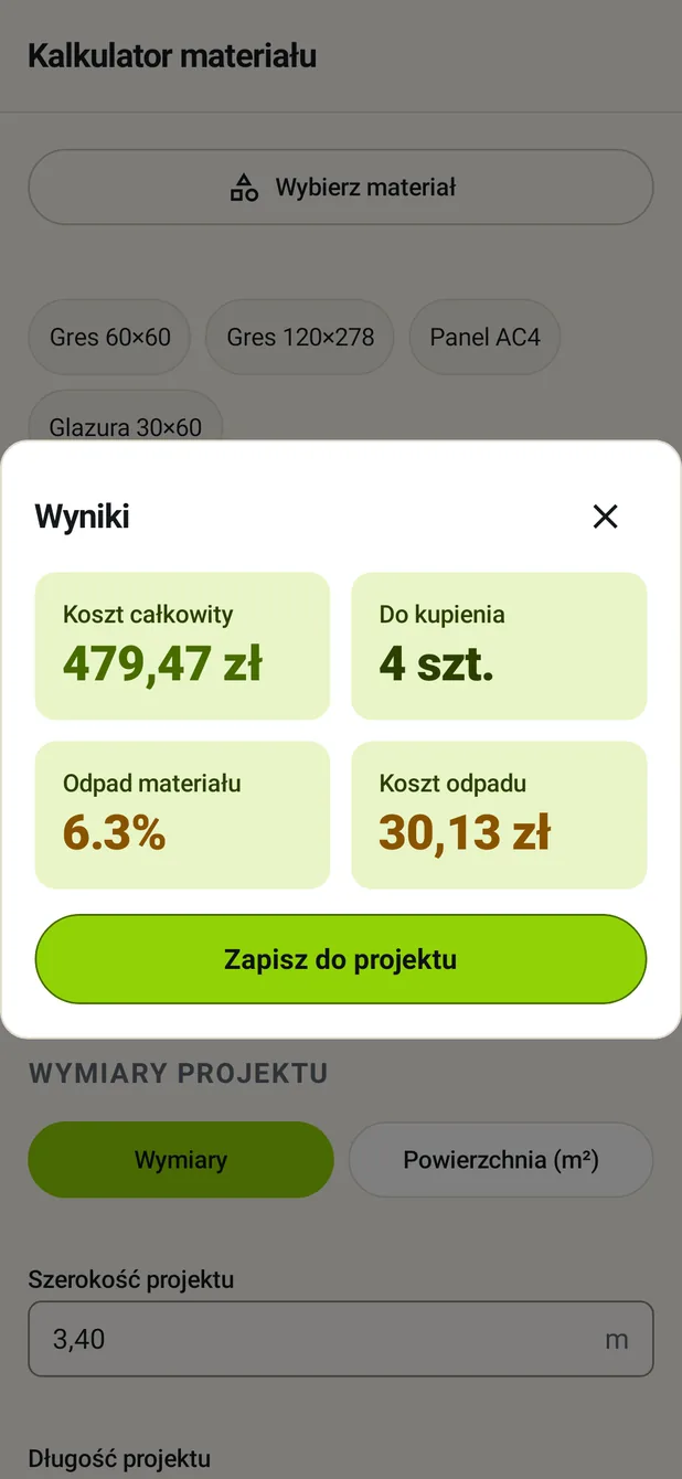 Wynik obliczeń: ile kupić i ile odpadu